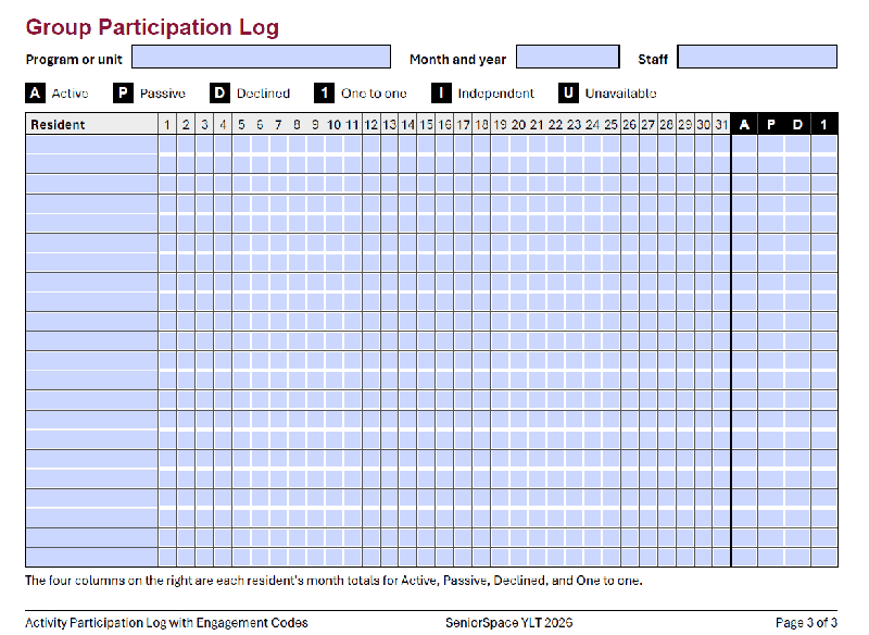 Activity Participation Log with Engagement Codes | Fillable Monthly PDF | Individual and Group Attendance Tracker for Activity Directors