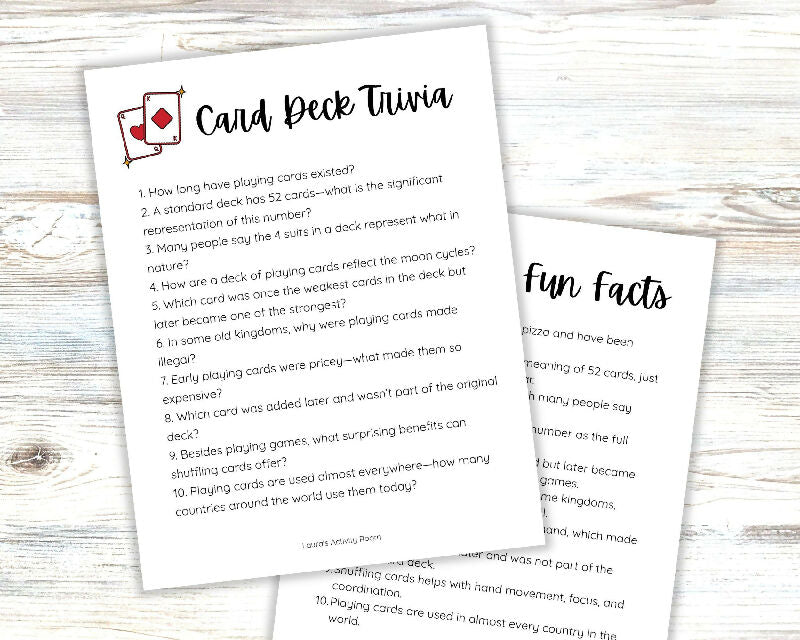 FREE RESOURCE - Trivia Questions and Fun Facts Sheet - Playing Cards with Suits Theme for Group Activity - Game Night,