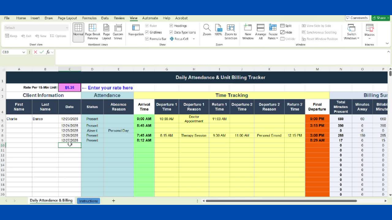 Attendance Billing Spreadsheet, 15 Minute Unit Tracker, Activity Attendance Excel Template, Medicaid Billing Tool, Auto Calculate Hours