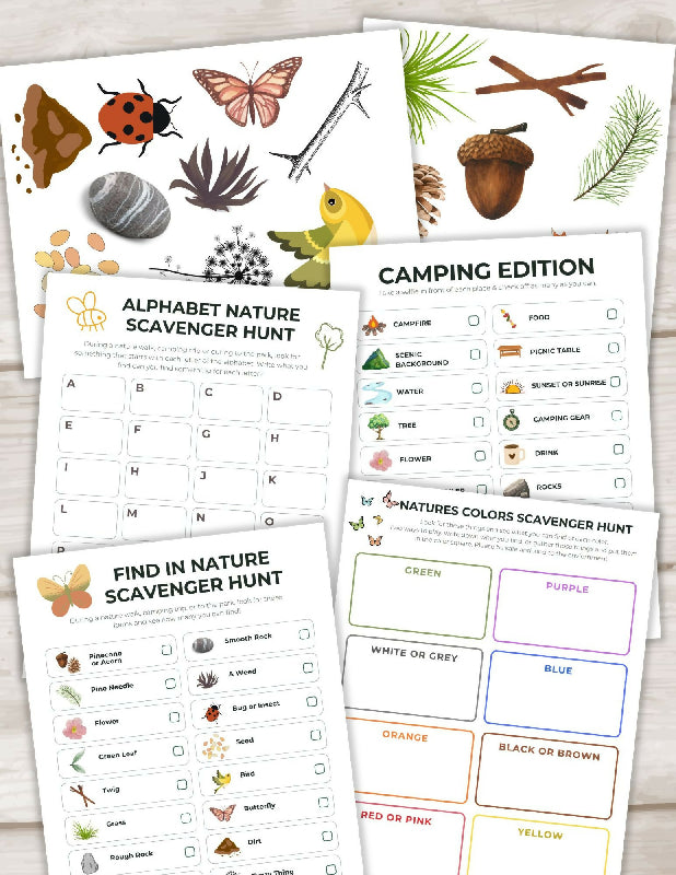 Nature Scavenger Hunt Bundle, Outdoor Games Camping Theme Activity: Nature, Colors, Selfies & Camping Edition