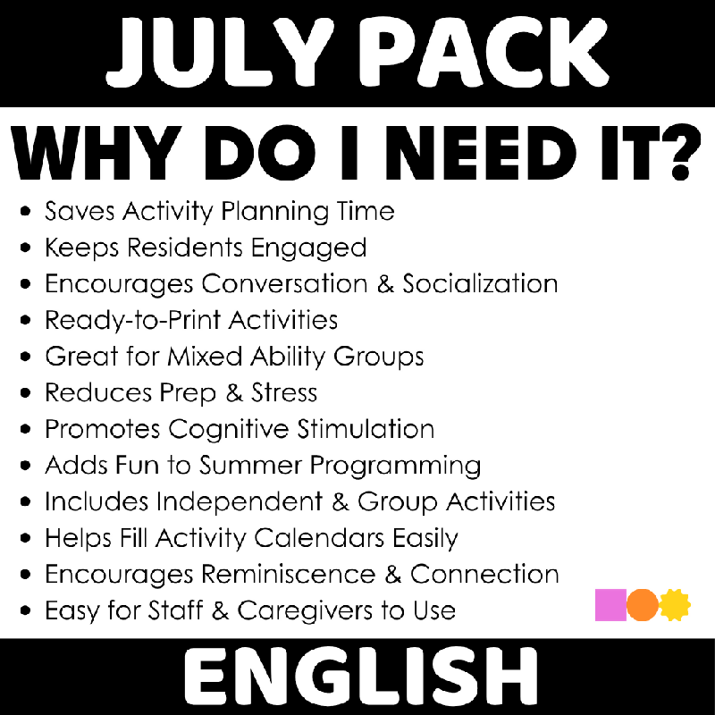 Month of July Bundle of 25 Activities - Freedom July - Printable and Digital Pack for Seniors