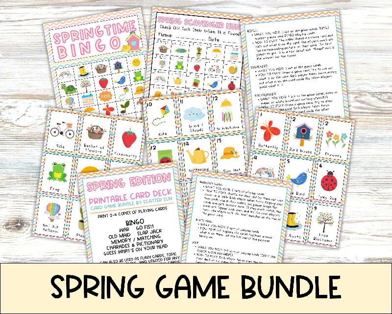 Spring Bingo & Reminiscing Card Game Bundle, 50 Boards, Scavenger Hunt, Memory Matching Flash Cards, Easter Printable Activities, Playing Cards