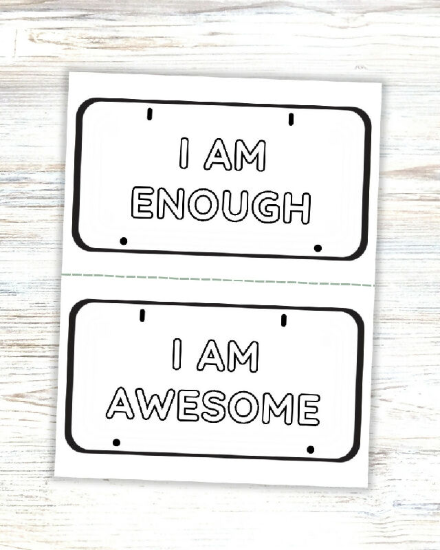 License Plate Affirmations Activity, Self-Esteem Group Activity, Inclusive Activity Printable