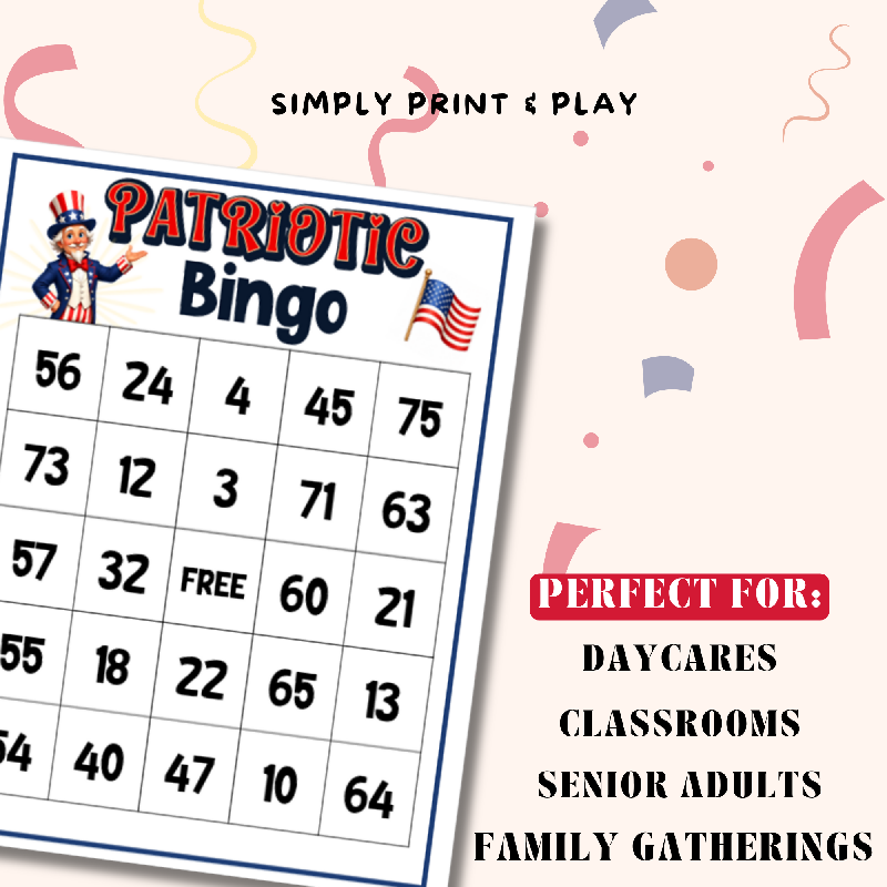 Patriotic Bingo Game – 50 Card Printable Set