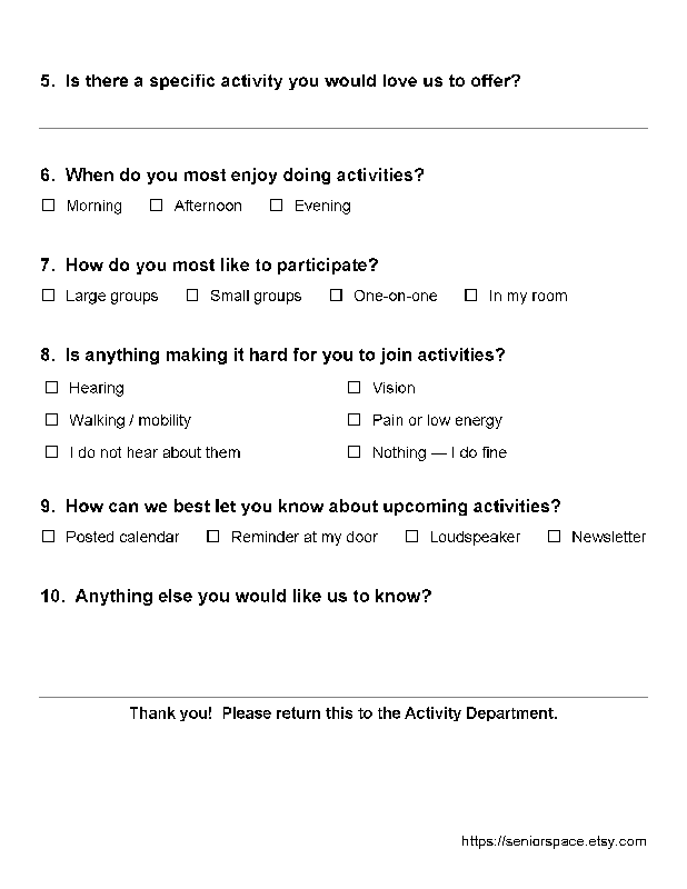 Resident Activity Survey Printable | Activity Director Resources | Nursing Home Forms | Senior Living Printable | Assisted Living Survey