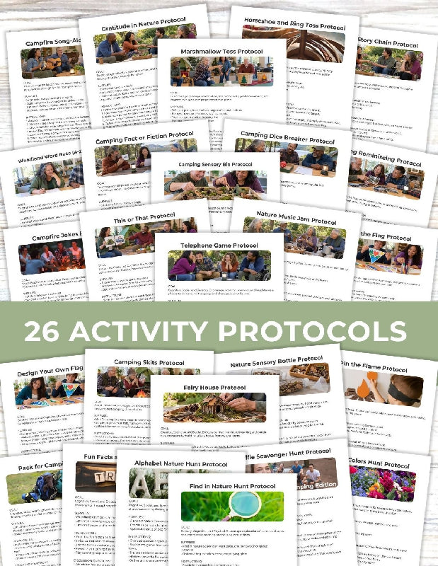 Woodland Adventure Activity Bundle: Printable No Prep Activities, Bingo Boards & Playing Cards , Multiple Campfire Games, Additional Activity Ideas, Bring the Campsite to Senior Living Themed Activities
