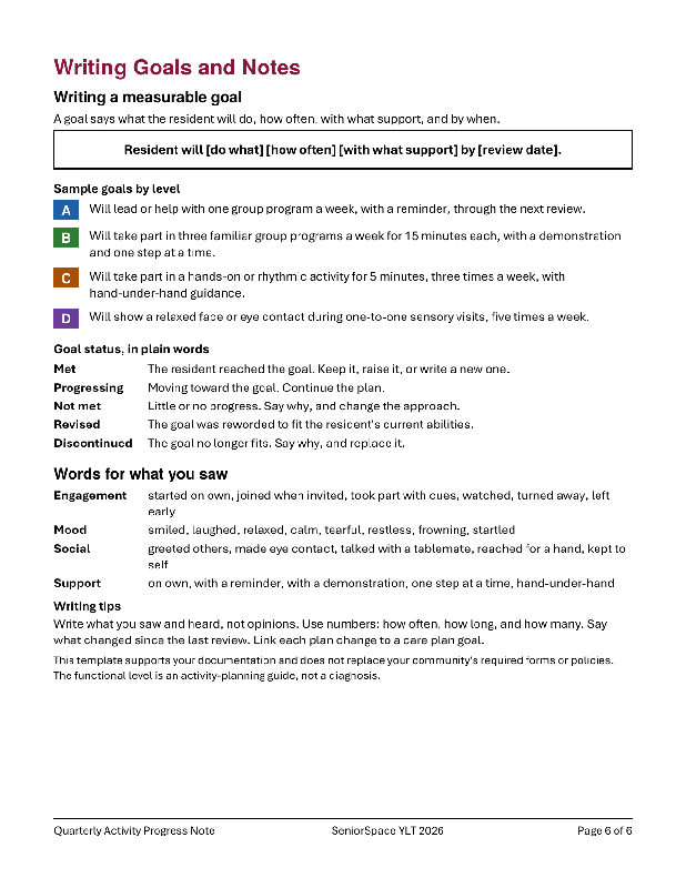 Quarterly Activity Progress Note Template, Fillable PDF for Activity Directors, Nursing Home Activity Documentation Form