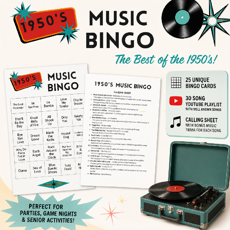 1950's Music Bingo | Senior Activity Game | 25 Bingo Cards, 30 Songs, YouTube Playlist & Trivia