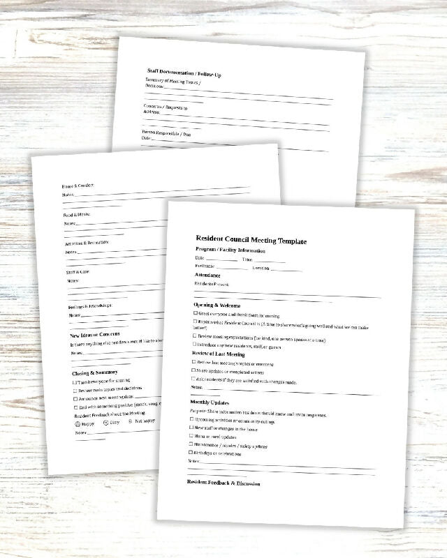 Resident Council Meeting Agenda, Editable Template with Notes and Staff Follow Up