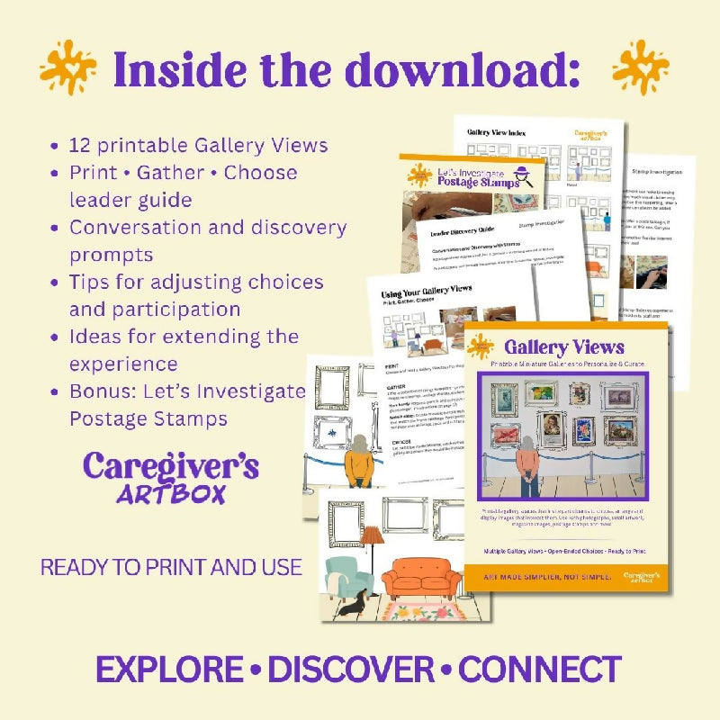 Preview of the Gallery Views download showing printable gallery pages, the leader guide, postage stamp investigation bonus, and product cover.