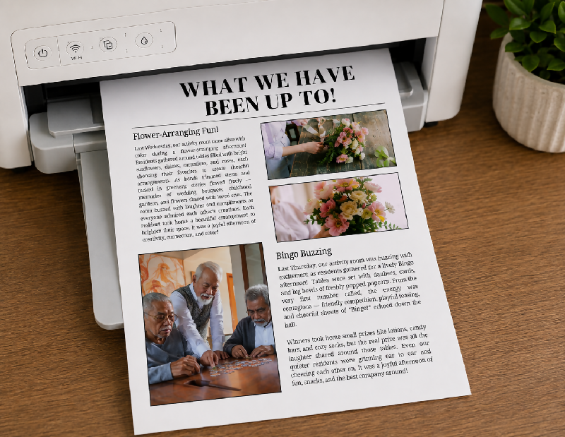 Newsletter for Activity Directors and Long Term Care Professionals, Alternative to Publisher - Editable Canva Template, Upcoming Activity Notices, Updates, Spotlights & More