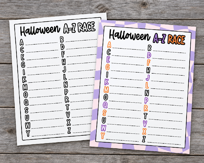 Halloween A-Z Race Game, Printable Activity, Cognitive Word Activity Worksheet, October Fall Party Game