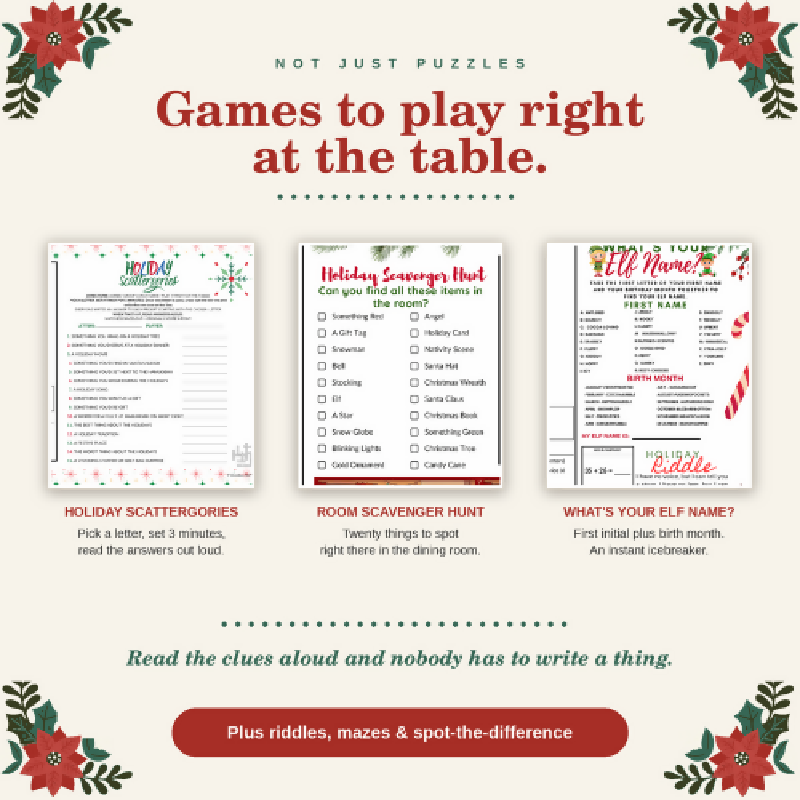 Holiday Activity Placemats for Seniors, 10 Large Print Christmas Puzzles, Hanukkah and Kwanzaa, Nursing Home Assisted Living Memory Care Activity Director PDF
