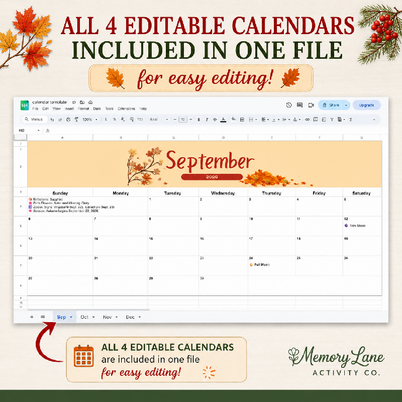 Senior Activity Calendar Template 2026 | Editable Google Sheets Calendar | Recreation Therapy & Activity Directors