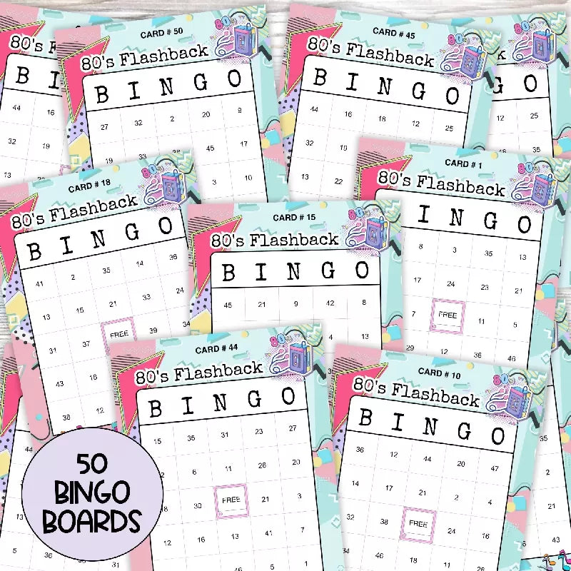 80's Flashback Bingo, Include Number Calling Cards, Bingo Bucks, Markers, and 50 Retro Themed Printable Boards, Senior's Birthday Party Game