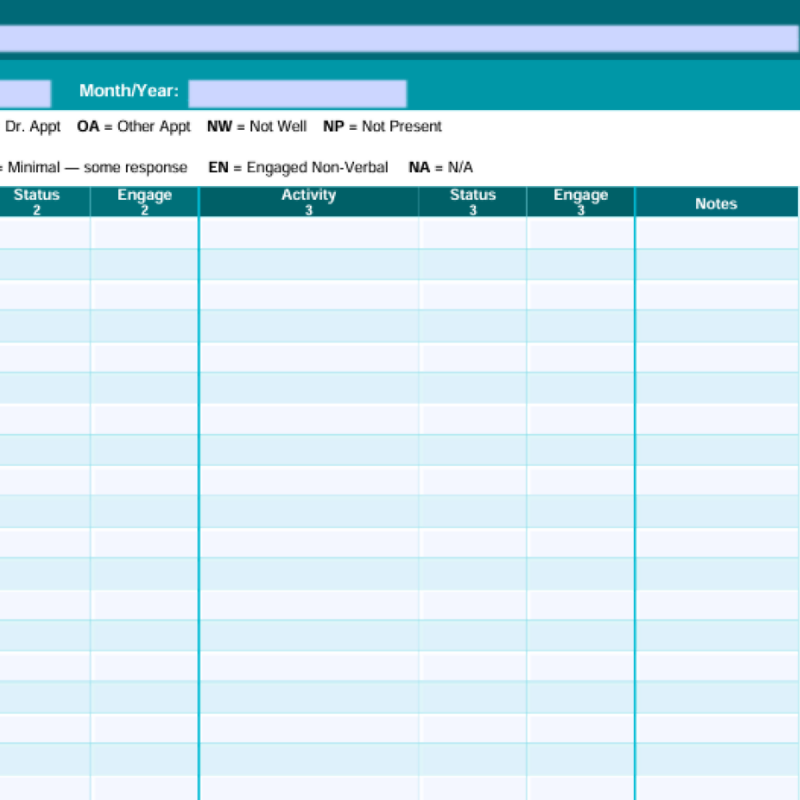 Simple Monthly Activity Participation Log — Fillable PDF | One Sheet Per Resident | Activity Director Documentation Tool