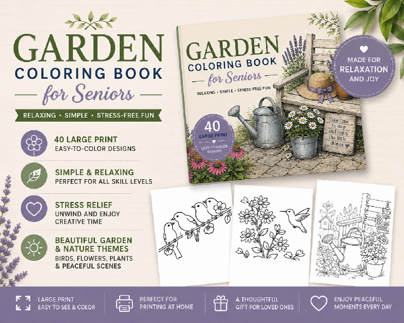 Garden Coloring Book for Seniors | Large Print Easy Coloring Pages | Relaxing Nature & Flowers | Printable PDF | Stress Relief Activity