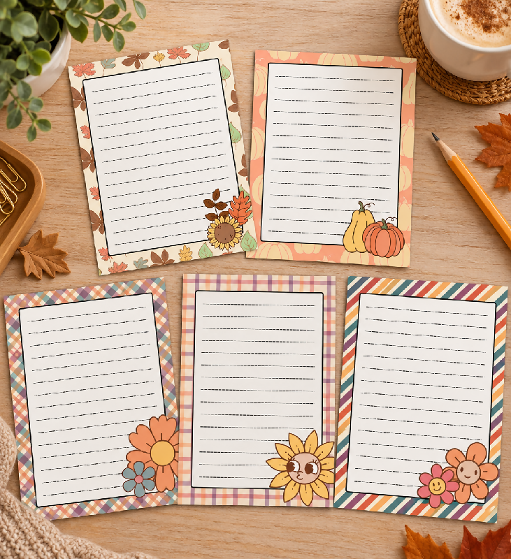 Autumn Stationary Set Printables, 5 Pages Fall Theme Lined Letter Writing, Gratitude Journal Activity, To-Do List or Notes