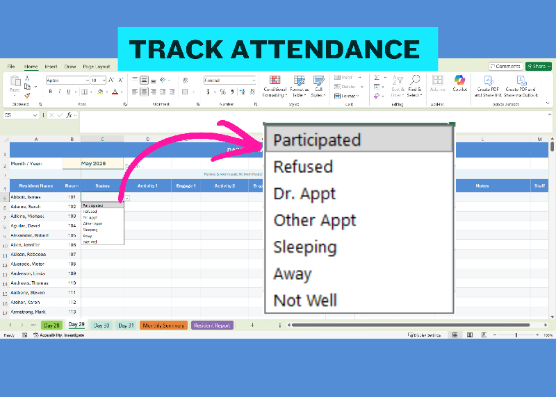 Activity Participation Tracker Excel, Activity Director Tool, Resident Engagement Spreadsheet