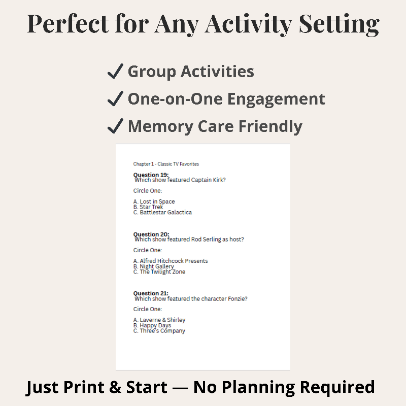 Classic TV Trivia for Seniors (1950s–1980s) | Memory Care Printable Game