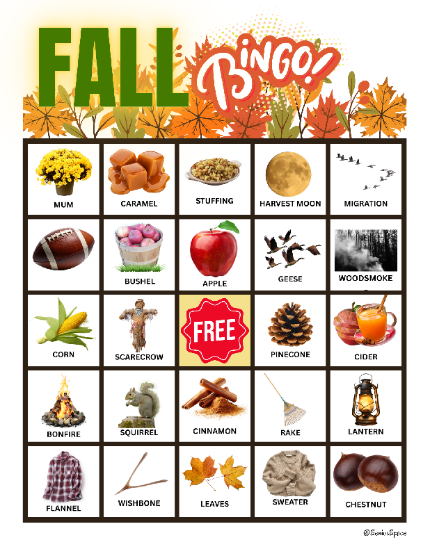 Fall Bingo for Seniors, Large Print Autumn Bingo Printable, Memory Care & Dementia Activity, Thanksgiving Game, 25 Boards + 40 Call Cards