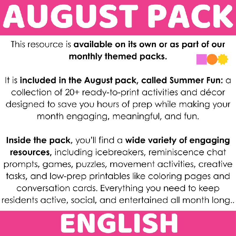 Printable August Bingo for Seniors | Fun Group Game for Assisted Living, Senior Centers and Memory Care Activities