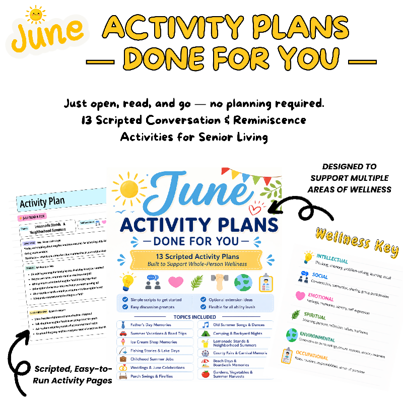 June No-Prep Activity Plans for Seniors | 13 Done-for-You Conversation & Reminiscence Activities for Senior Living