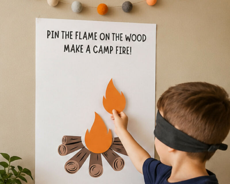 Pin the Flame on the Campfire Wood Game, Pin the Tail Game, Camping Theme Summer Party Game, Printable Activity