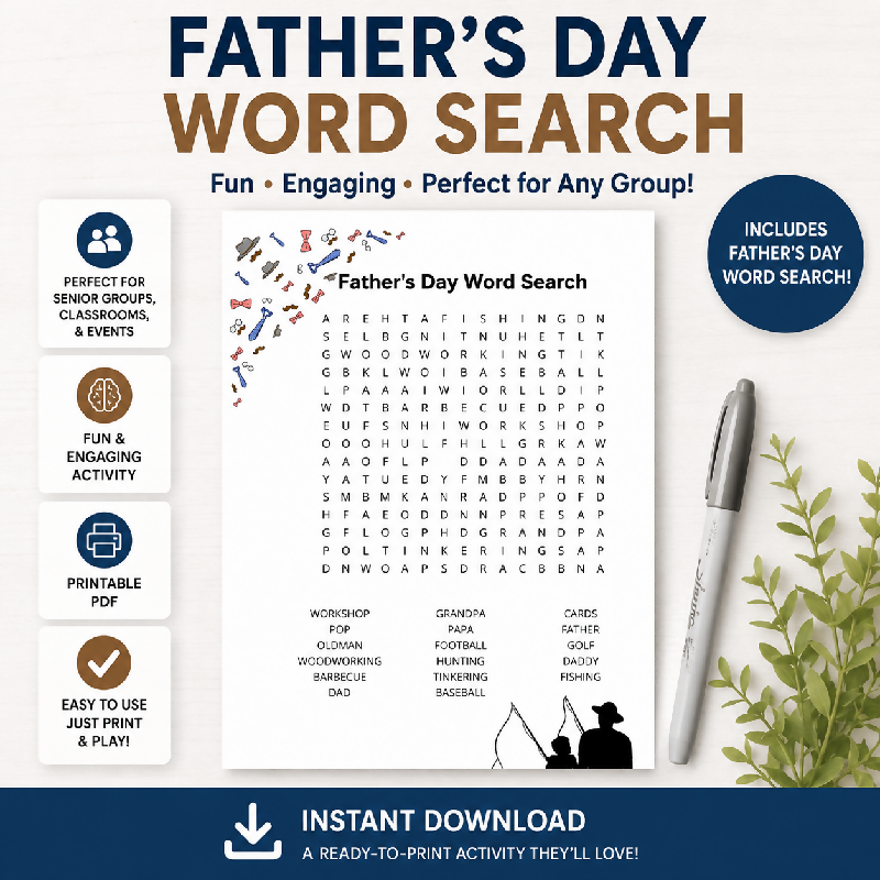 Father's Day Activity Bundle for Seniors | Famous Fathers Trivia PowerPoint, Father's Day Word Search, Finish the Phrase Game | Printable PDF