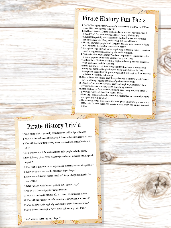 Pirate Fun Facts and Trivia, Fill in the Blank Game, Word Scramble, Word Search, Printable Games