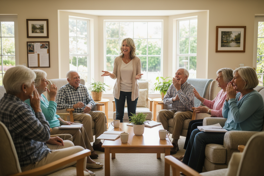 Diverse group of senior living residents smiling and engaged during a group activity led by an activity director
