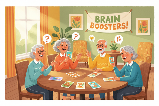 Small group of seniors engaged in a fun brain game activity together in a senior living common room, smiling and discussing
