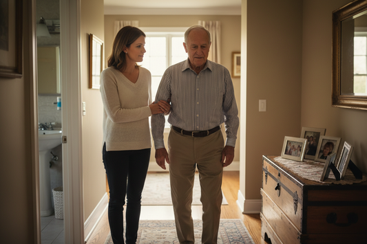 Adult daughter gently guiding her elderly father with dementia toward the bathroom, calm and patient expression in a home setting