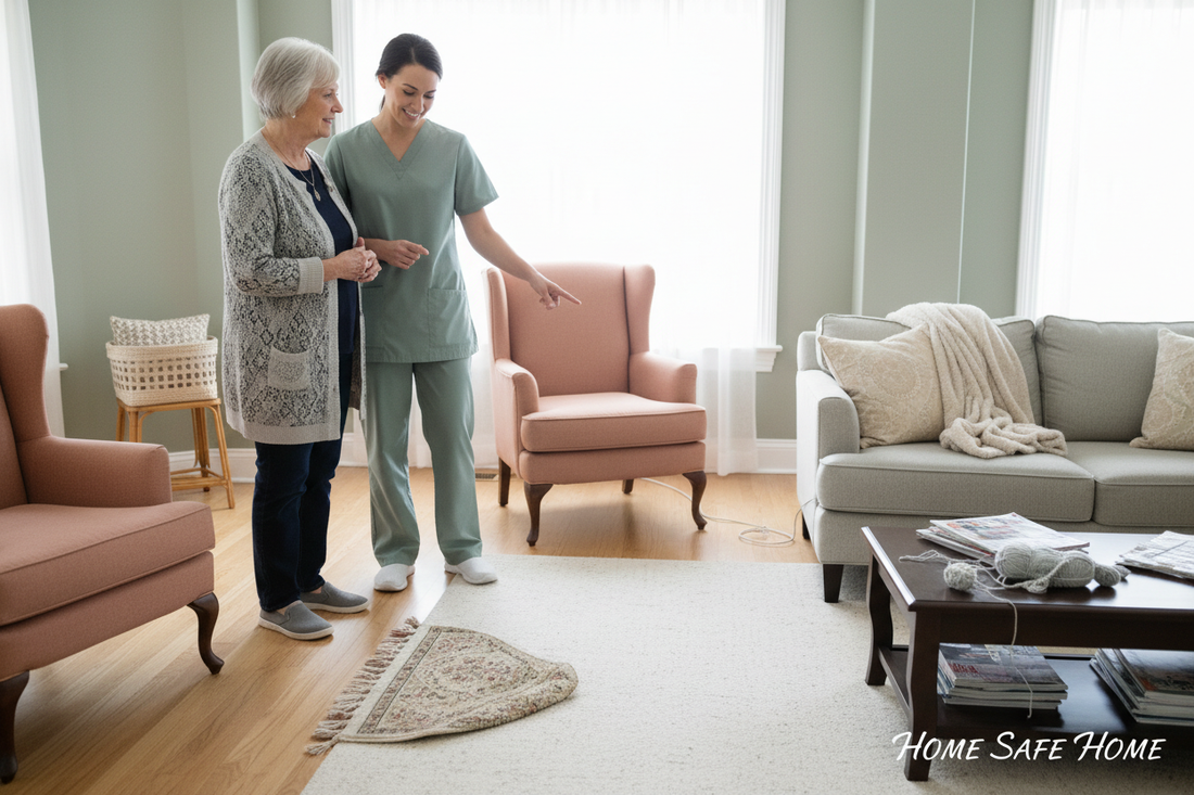 Senior and caregiver reviewing a cozy living space together to identify fall hazards during a safety awareness activity