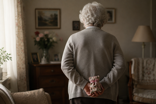 Elderly woman standing with a small pouch hidden behind her back