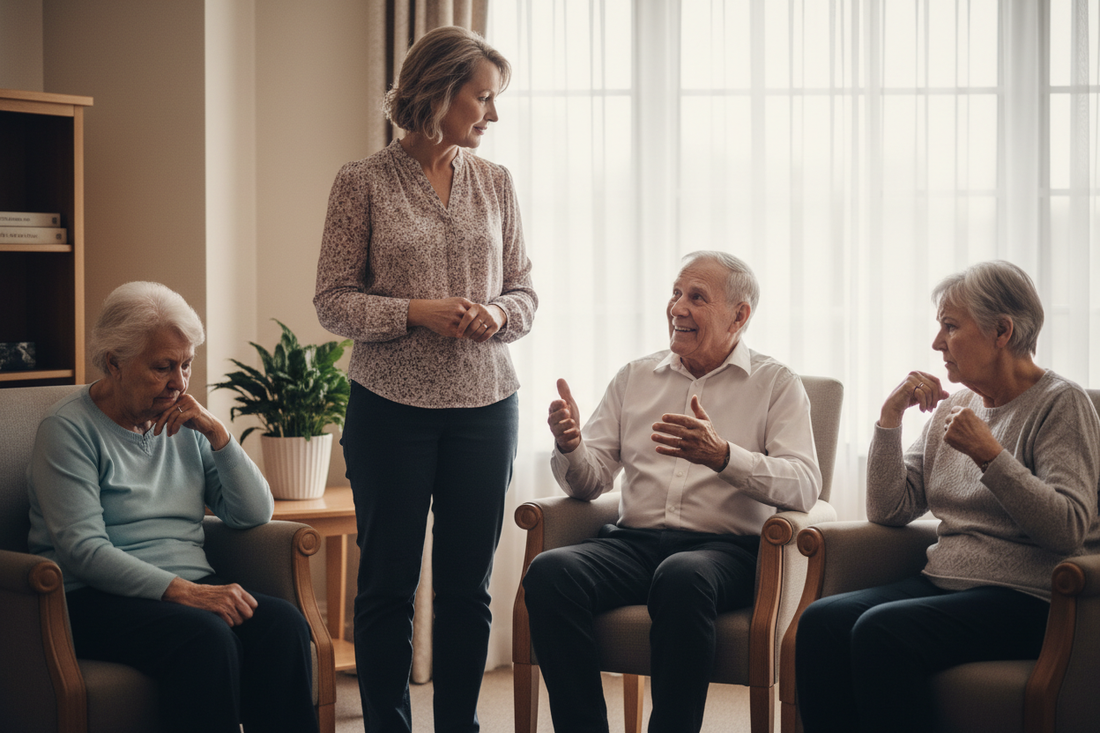 Activity director calmly present in a senior living group activity room managing the emotional atmosphere of residents