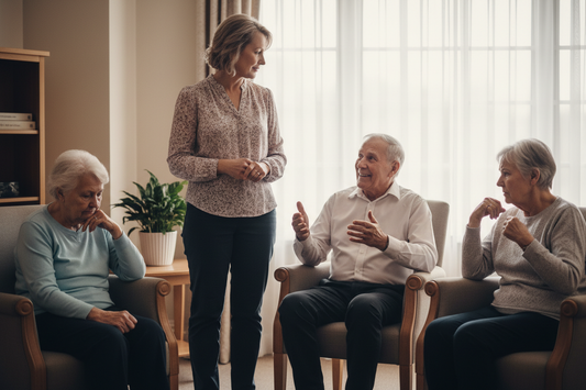 Activity director calmly present in a senior living group activity room managing the emotional atmosphere of residents