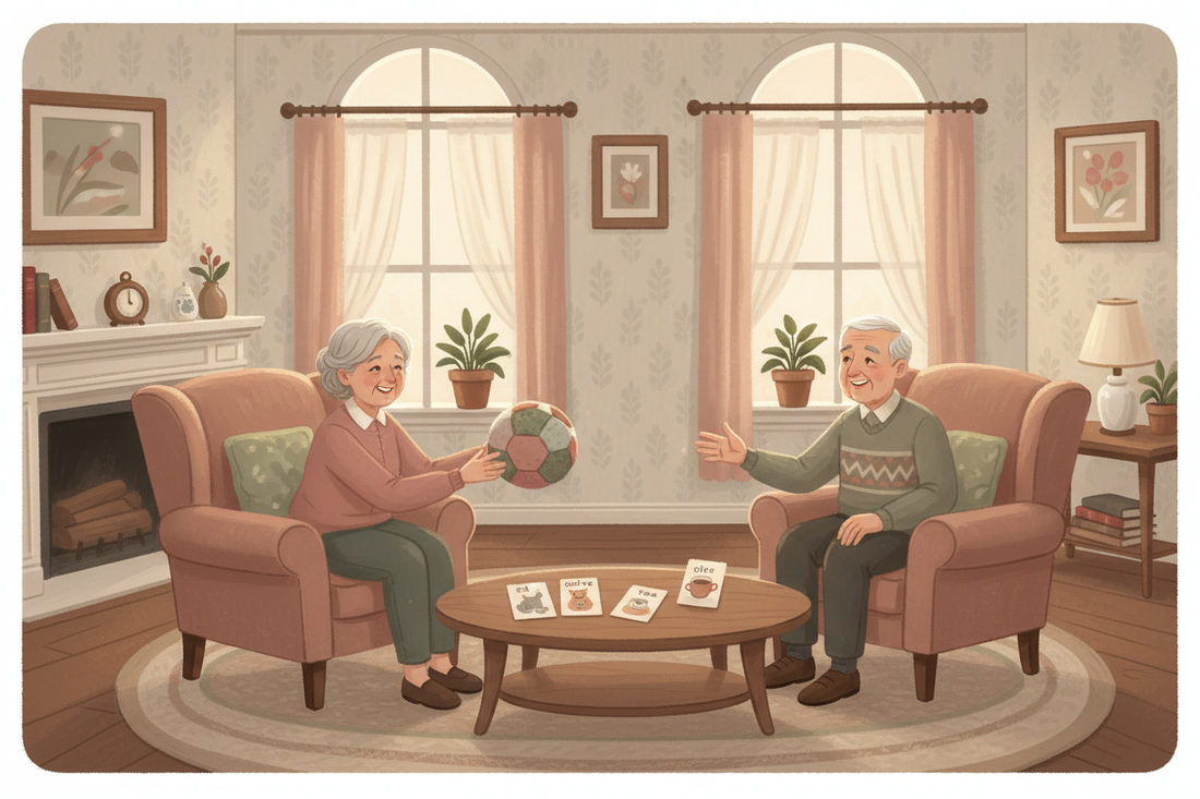 Small group of memory care residents passing a soft ball and smiling during a Toss and Talk This or That conversation activity