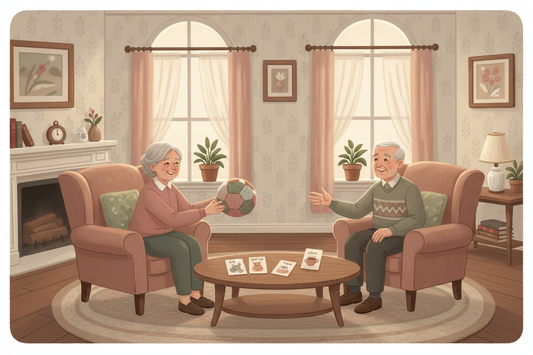 Small group of memory care residents passing a soft ball and smiling during a Toss and Talk This or That conversation activity