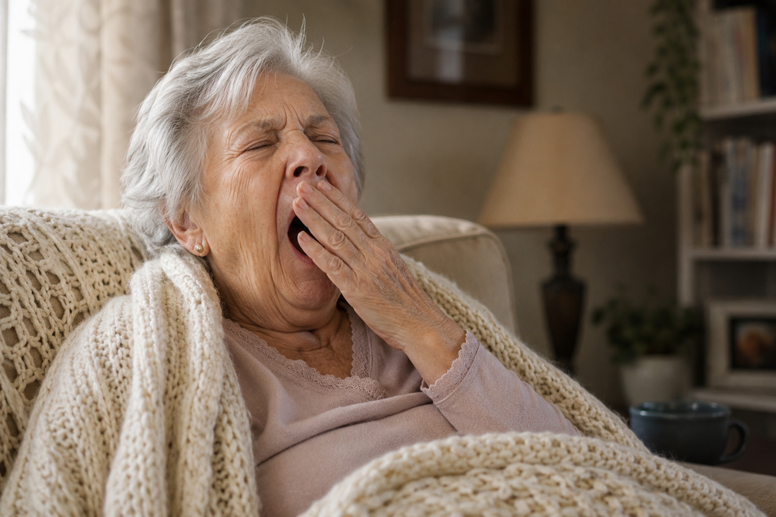 Elderly woman yawning while resting in a chair wrapped in a blanket