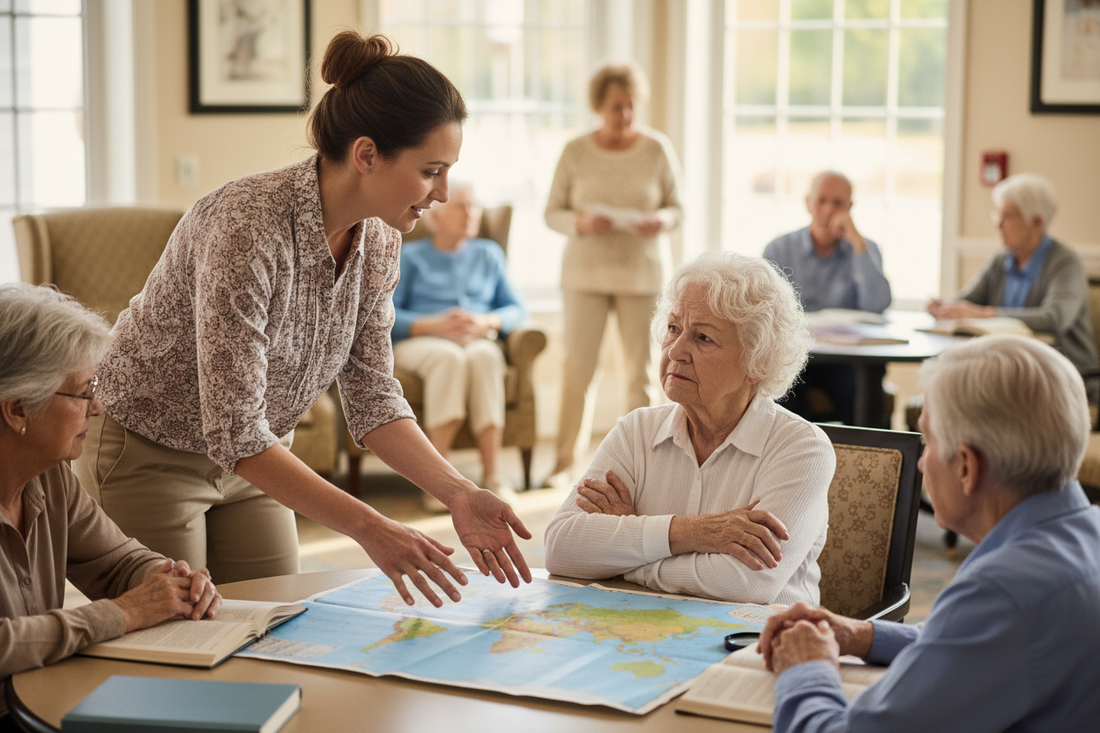 Activity director calmly engaging a resistant senior resident during a group activity in a senior living facility