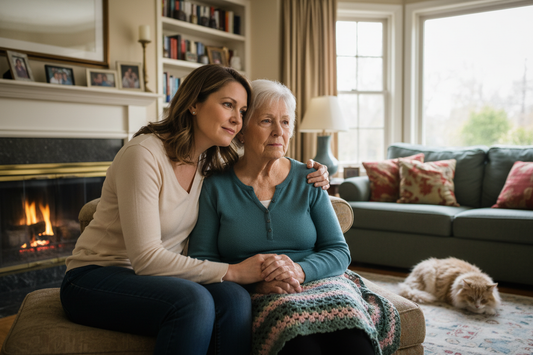 Adult daughter sitting with her elderly mother with dementia at home, gentle and patient expression in a cozy living room