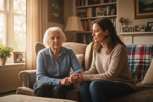 Adult daughter sitting patiently beside her elderly mother with dementia – why does my mom repeat the same question over and over