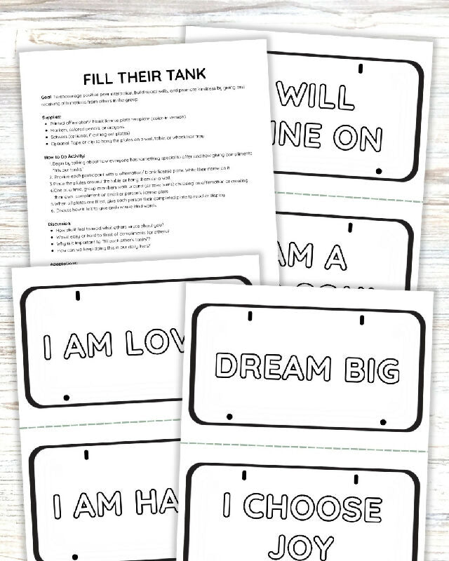 License Plate Affirmations Activity, Self-Esteem Group Activity, Inclusive Activity Printable
