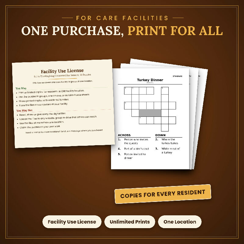 Fall Thanksgiving Crossword for Seniors, 50 Extra Large Print Puzzles, Answer Keys, US Letter and A4