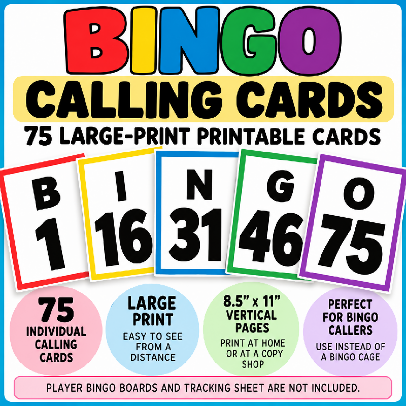 75 Large-Print Bingo Calling Cards – Printable PDF