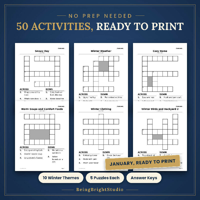 Winter Crossword Puzzles for Seniors, 50 Extra Large Print Pages, Group Activity, Answer Keys