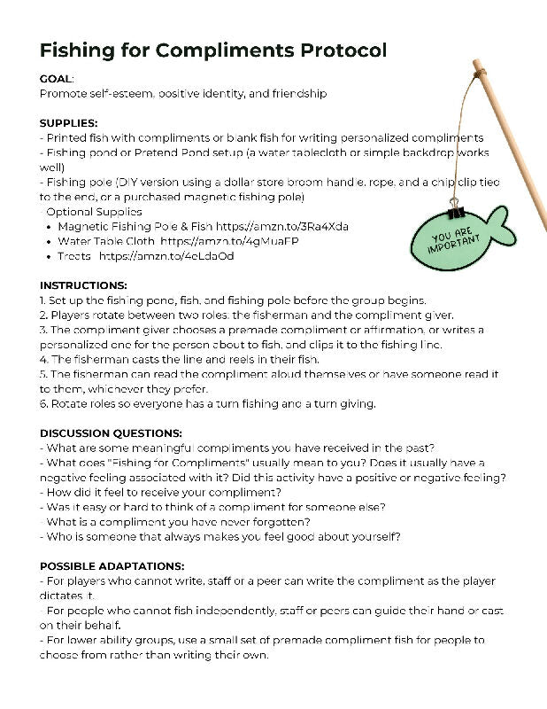 Fishing for Compliments, Printable Affirmation Cards, Protocol Included for Self Esteem Group Activity