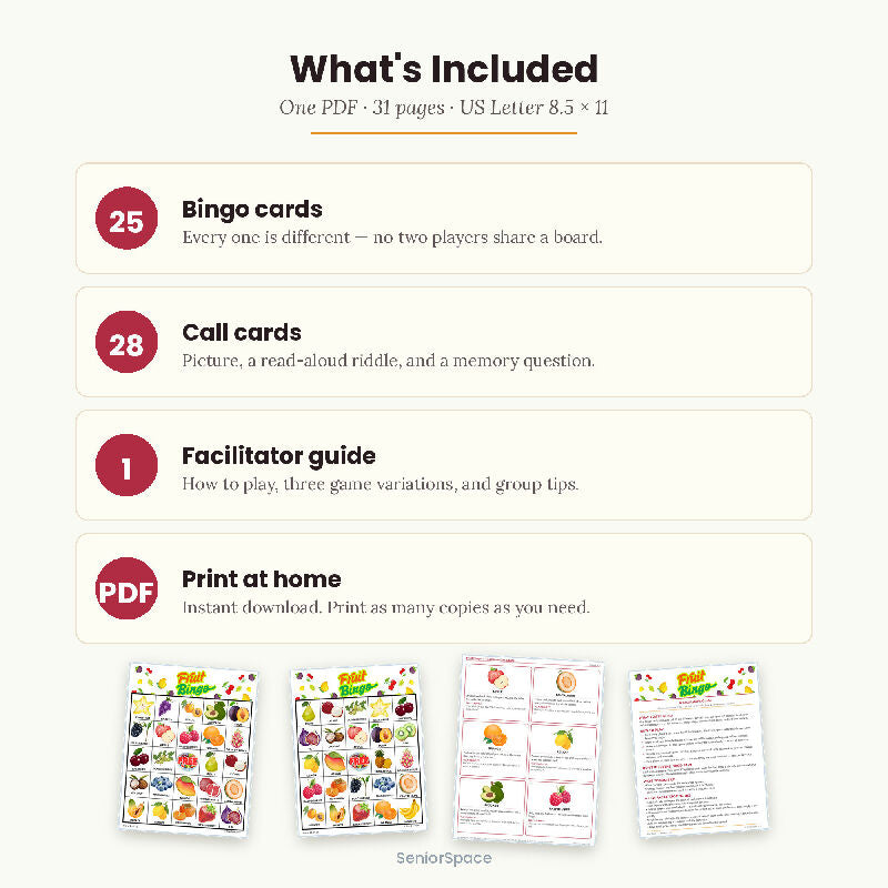 Fruit Bingo for Seniors, 25 Printable Cards, Call Cards with Clues, Memory Care Activity, Nursing Home Game, Instant Download