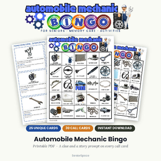 Mechanic Bingo for Seniors, Men's Club Activity, 25 Printable Cards, Call Cards with Clues, Nursing Home Game, Download PDF